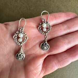 Vintage Ornate Filigree 925 Sterling Silver & White Pearl Dangle Earrings